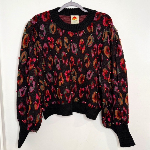 Farm Rio Colorful Beaded Leopard Sweater – Black Multi – Size XL - Picture 1 of 4